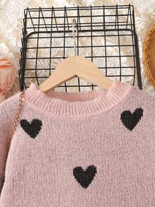 SHEIN Bộ 2 món áo len cổ tròn trễ vai họa tiết trái tim và chân váy xếp ly màu đen trơn cho bé gái tuổi mới lớn, mặc hàng ngày, trở lại trường, những dịp thường ngày, ấm áp cho mùa thu đông, mặc hàng ngày - Bụi hồng - Xem 4