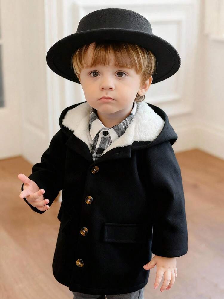 Souflis Souflis 男婴简约连帽保暖风衣，秋冬男婴服装黑色幼儿套装男婴外套幼儿外套男婴韩版夹克 - 黑色 - 查看 5