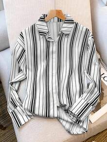 Franclia 女士休闲通勤条纹纽扣衬衫，秋季 - 黑與白 - 查看 3