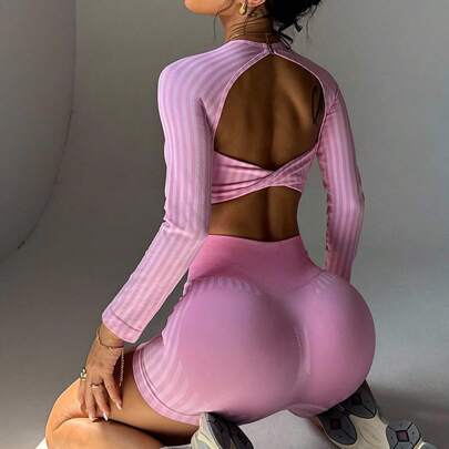 여성 스트라이프 트위스트 백 크롭 탑 앤 쇼츠 스포츠 수트