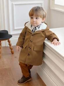 Souflis Souflis Baby Boy Minimalist Wool Blend Hooded Trench Coat With Thermal Lining, Autumn/Winter Baby Boy Coats Brown Baby Boy Outfit Coat Brown Vintage Baby Boy Clothes Baby Boy Korean Style Jackets