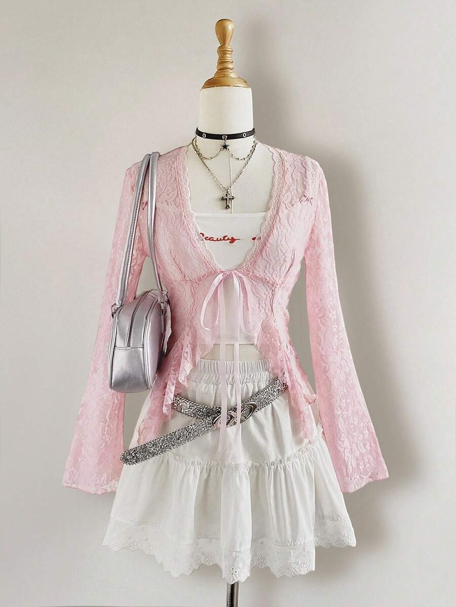 Sweetra Y2K Aesthetic Sheer Pink Lace Cardigan With Bell Sleeves, Women's Top For Autumn - Pink - View 1