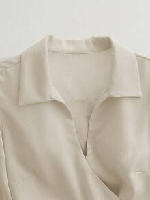 Franclia 2pcs Women Elegant Shiny Fabric Top And Pleated Midi Skirt Set, Suitable For Layering Or Standalone, Autumn/Winter - Multicolor - View 4