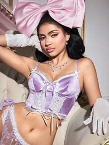 FairyFlirt 迷人公主紫色诱人蝴蝶结甜美风格文胸，适合卧室、万圣节、情人节 - 紫丁香色 - 查看 1