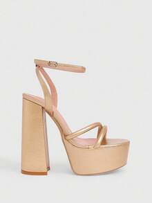 CUCCOO LuxiPop Zapatos de plataforma con puntera redonda, tacón alto grueso y resistentes al agua para mujer, de material PU dorado, de estilo minimalista y cómodos para uso diario, fiestas y banquetes, con correa con hebilla - Dorado - Ver 2