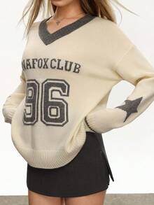Rina Fox Women's Casual Commuting Fashion Street College Style Numeric, Letter & Star Pattern V-Neck Dropped Shoulder Loose Pullover Sweater, Autumn/Winter - White - View 1
