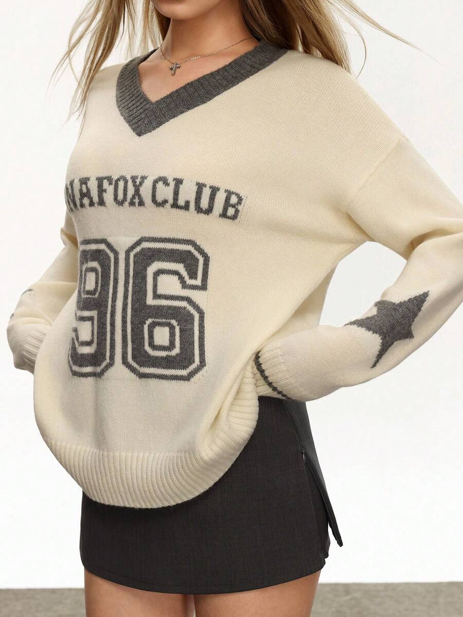 Rina Fox Women's Casual Commuting Fashion Street College Style Numeric, Letter & Star Pattern V-Neck Dropped Shoulder Loose Pullover Sweater, Autumn/Winter - White - View 1