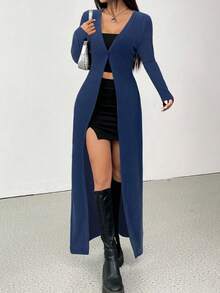SHEIN EZwear Women's Autumn Simple Fitted Button-Down Long Sleeve Coat - Navy Blue - View 1