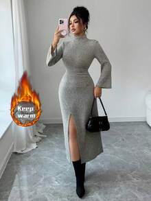 Modelyn 女式高领紧身针织开衩连衣裙，秋冬 - 淡綠 - 查看 1