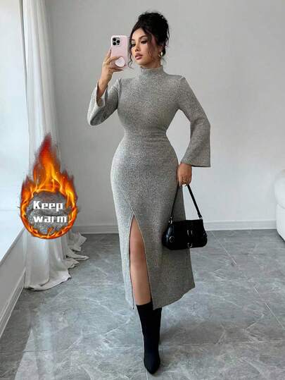 Modelyn 女式高领紧身针织开衩连衣裙，秋冬