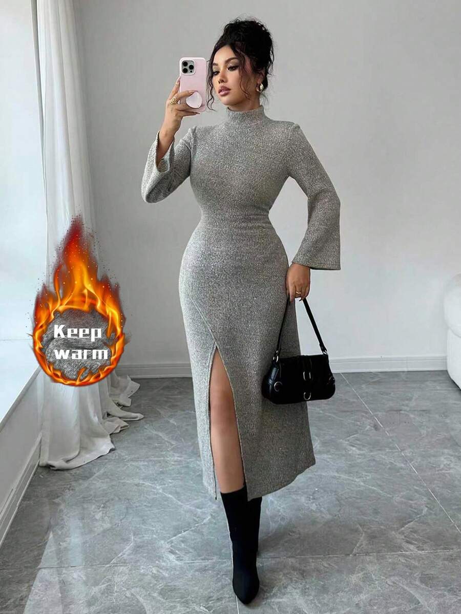 Modelyn 女式高领紧身针织开衩连衣裙，秋冬 - 淡綠 - 查看 1