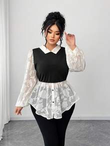 Elenzga 大码女式雪纺镂空经典黑白撞色二合一法式复古泡泡袖衬衫 - 彩色 - 查看 4
