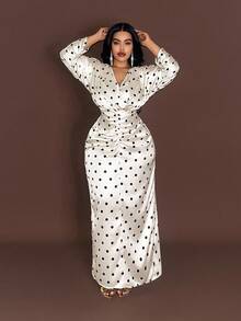 Maweii 加大码长袖波点法式长款修身优雅连衣裙 - 杏色 - 查看 4