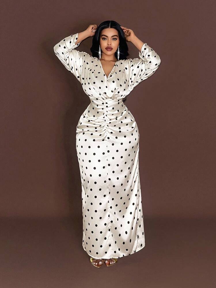 Maweii Plus Size Long Sleeve Polka Dot French Style Long Fitted Slimming Elegant Dress - Apricot - View 4