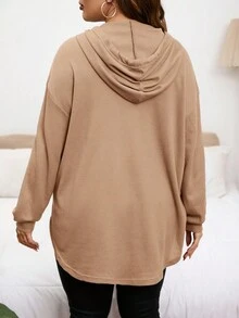 SHEIN LUNE 大码女式休闲日常通勤简约纯色华夫格面料落肩宽松口袋抽绳卫衣，春/秋/冬 - 駝色 - 查看 2