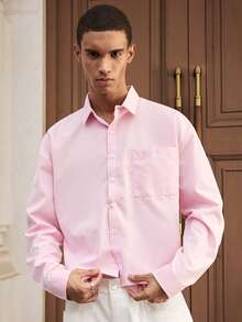 SWAVVY 男士休闲日常通勤简约字母刺绣落肩宽松拼布口袋长袖衬衫，秋季 - 粉色 - 查看 5