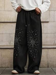 Manfinity Unisex Men's Casual Sweatpants With Rhinestone Decor, Elastic Waist, Suitable For Spring, Autumn And Winter - Black - View 4