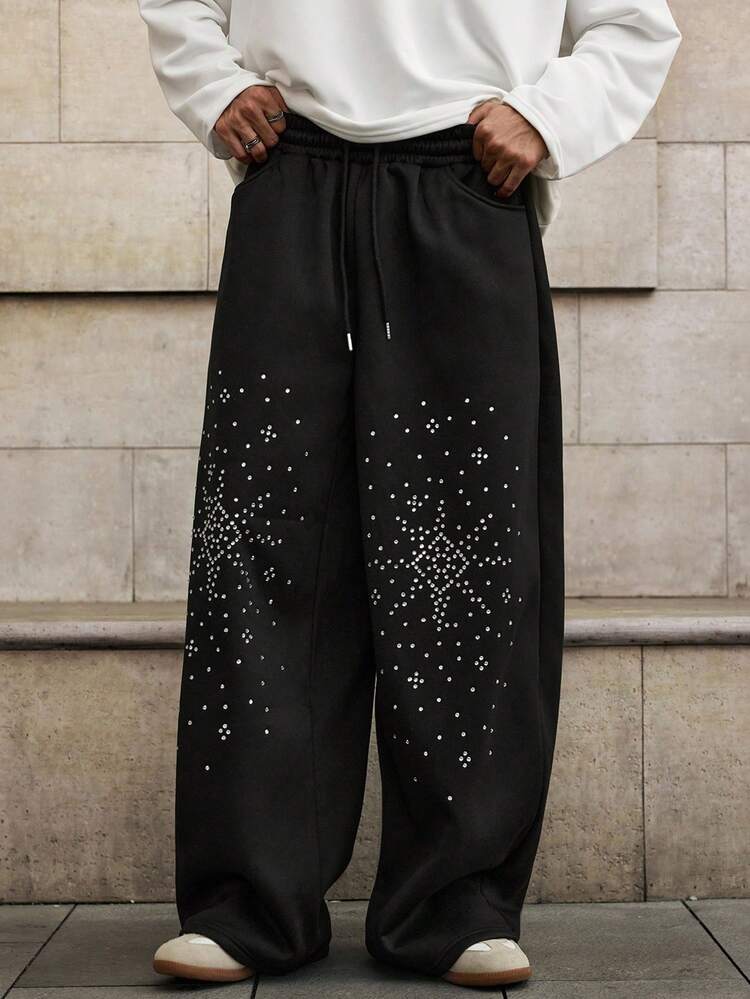 Manfinity Unisex 男士休闲运动裤，带水钻装饰，松紧腰，适合春秋冬 - 黑色 - 查看 4