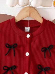 Elladie kids 2 件套女童蝴蝶装饰圆领长袖开衫外套和裙子，时尚百搭，秋冬 - 紅色 - 查看 6