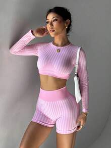 Dewbera Damen gestreifter Twist-Rücken Crop Top und Shorts Sportanzug