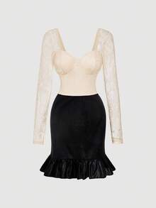 SHEIN MOD فستان قصير للنساء مزين بالدانتيل والشريط الحريري مع كشكشة على الذيل - متعدد الألوان - مشاهدة 3