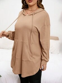 SHEIN LUNE 大码女式休闲日常通勤简约纯色华夫格面料落肩宽松口袋抽绳卫衣，春/秋/冬 - 駝色 - 查看 4