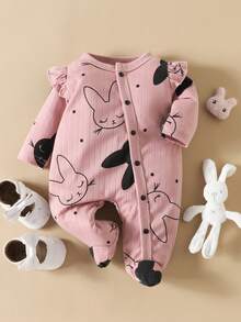 Đứa bé gái Đồ họa Hoạt hình Viền Ruffle Áo liền quần ngủ có chân - Bụi hồng - Xem 1