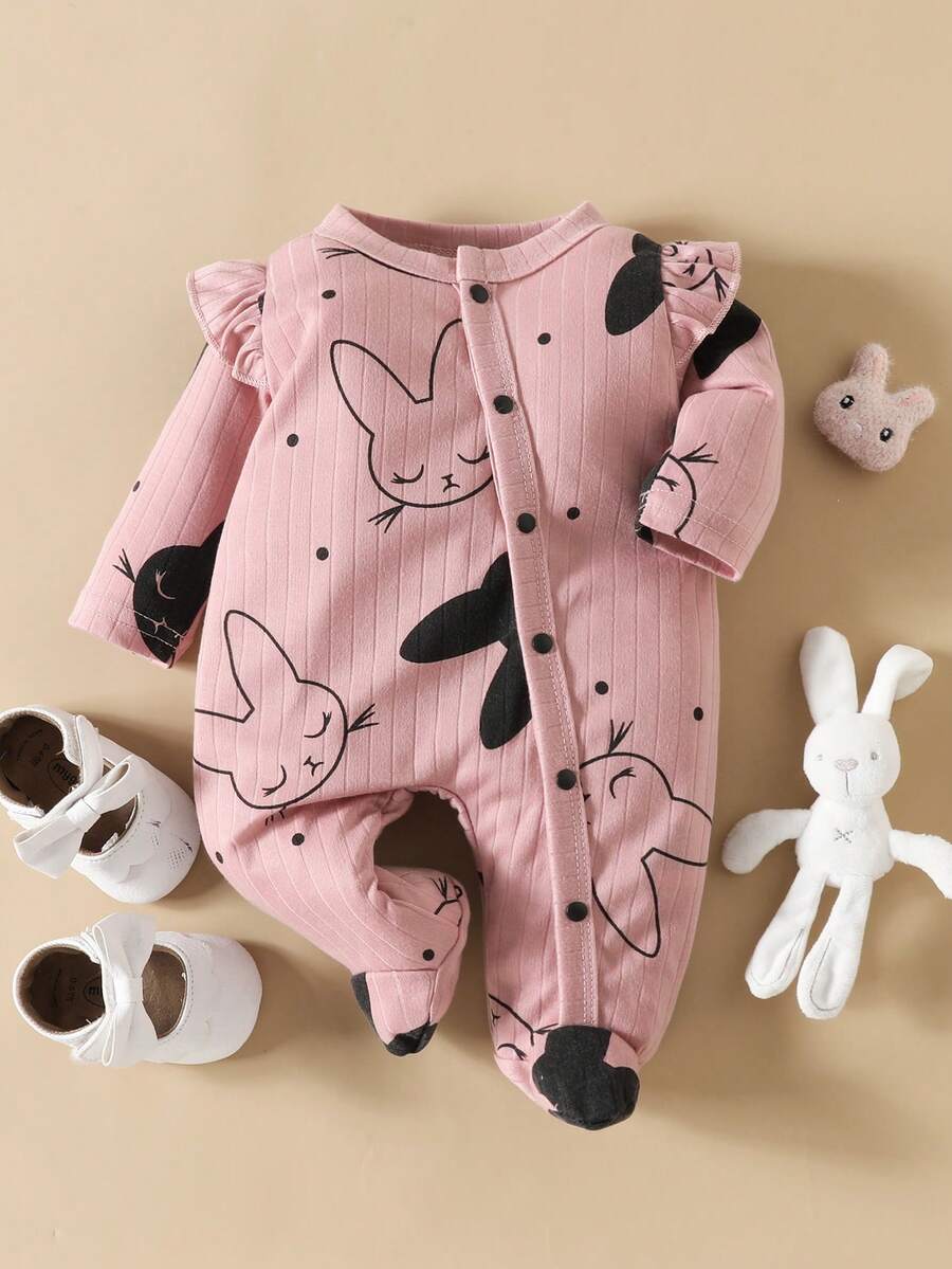 Đứa bé gái Đồ họa Hoạt hình Viền Ruffle Áo liền quần ngủ có chân - Bụi hồng - Xem 1