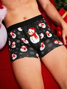 Notgurli Christmas Funny Print Cartoon Quirky Santa Claus, Gift Box, Candy Cane, Bell, Snowflake, Snowman, Family Party Men's Mid-Length Boxer Briefs - Black - View 1