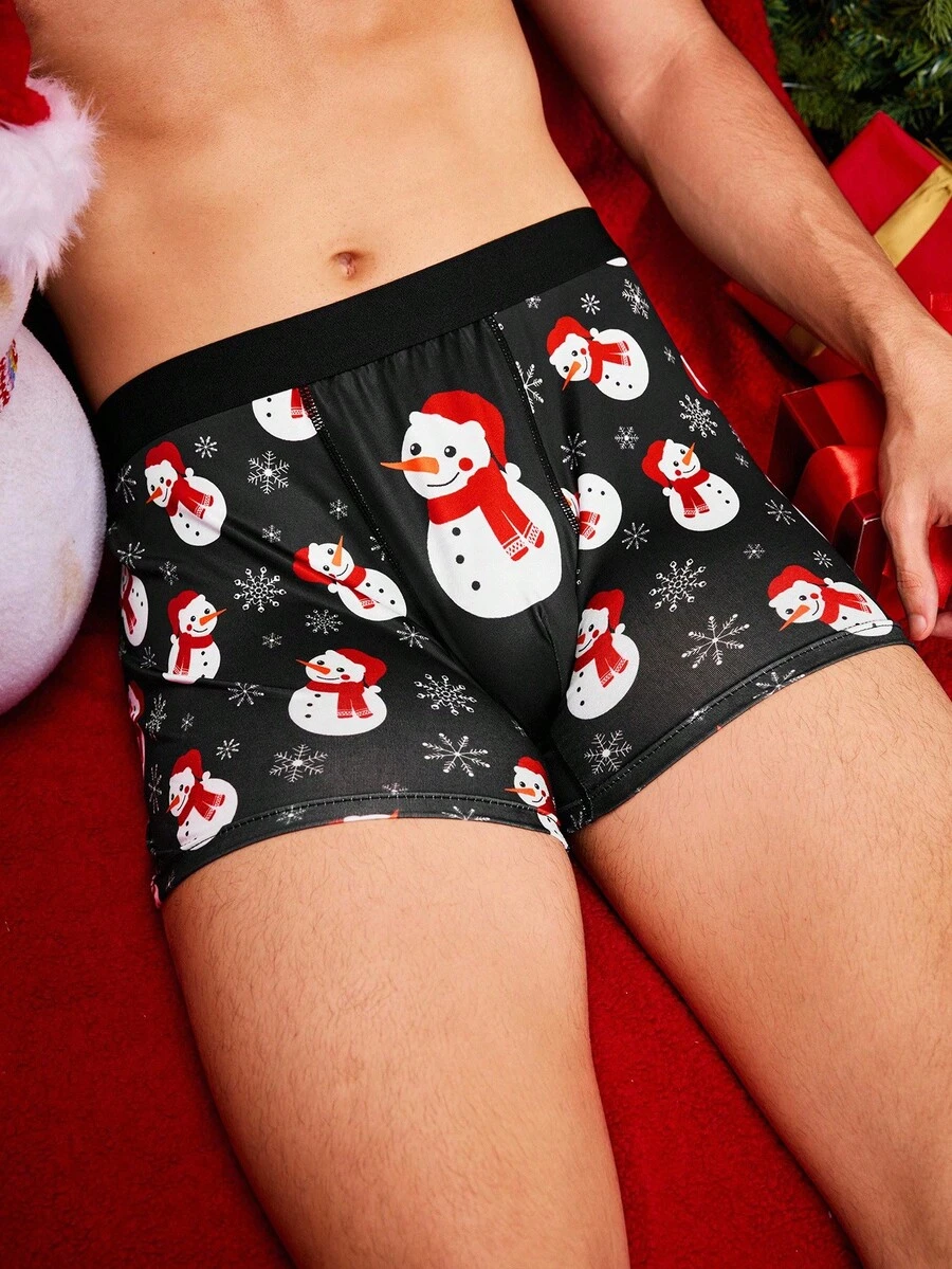 Notgurli Christmas Funny Print Cartoon Quirky Santa Claus, Gift Box, Candy Cane, Bell, Snowflake, Snowman, Family Party Men's Mid-Length Boxer Briefs - Black - View 1