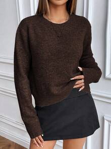 Pariaura Slouchy Solid Color Crew Neck Knit Long Sleeve Sweater - Coffee Brown - View 4