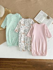 3件套新生儿简约时尚杏色、粉色、蓝色彩虹、兔子、猫咪动物图案舒适长袖长睡袍家居服套装 - 彩色 - 查看 2