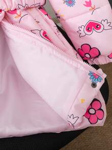 SHEIN 冬季新款可爱卡通碎花连帽加厚中长款女童棉服外套带腰带 - 粉色 - 查看 5