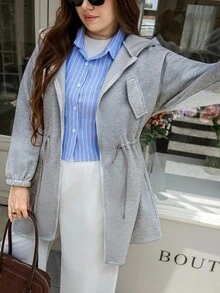 SHEIN LUNE Plus Size Solid Color Drawstring Waist Hooded Jacket, Autumn/Winter Office Outfits For Women Coat Women's Zipper Sweatshirt Jacket, Thermal Lined Warm Jacket - Grey - View 5