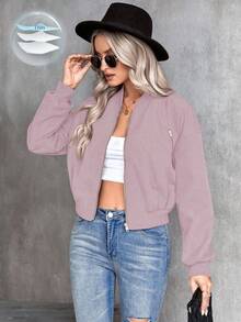 EMERY ROSE Women's Solid Color Long Sleeve Zip-Up Casual Baseball Jacket, Autumn - Dusty Purple - View 1