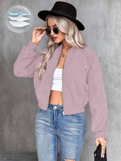 EMERY ROSE Women's Solid Color Long Sleeve Zip-Up Casual Baseball Jacket, Autumn