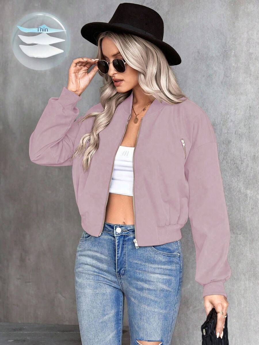 EMERY ROSE Women's Solid Color Long Sleeve Zip-Up Casual Baseball Jacket, Autumn - Dusty Purple - View 1