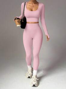 Easithlete 无缝高弹力拇指孔运动 T 恤和拇指孔运动 T 恤和紧身裤健身套装女士健身套装 - 粉色 - 查看 3