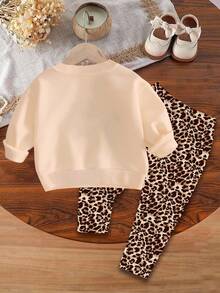 SHEIN 女婴休闲复古豹纹蝴蝶结设计厚圆领长袖运动衫和紧身裤套装，卡其色，适合秋冬季 - 彩色 - 查看 3
