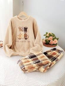 SHEIN Bộ 2 áo nỉ kẻ sọc gấu và quần dài thoải mái, đồ ngủ rộng rãi, chống cháy cho bé gái vào mùa thu/đông - Màu Khaki - Xem 3