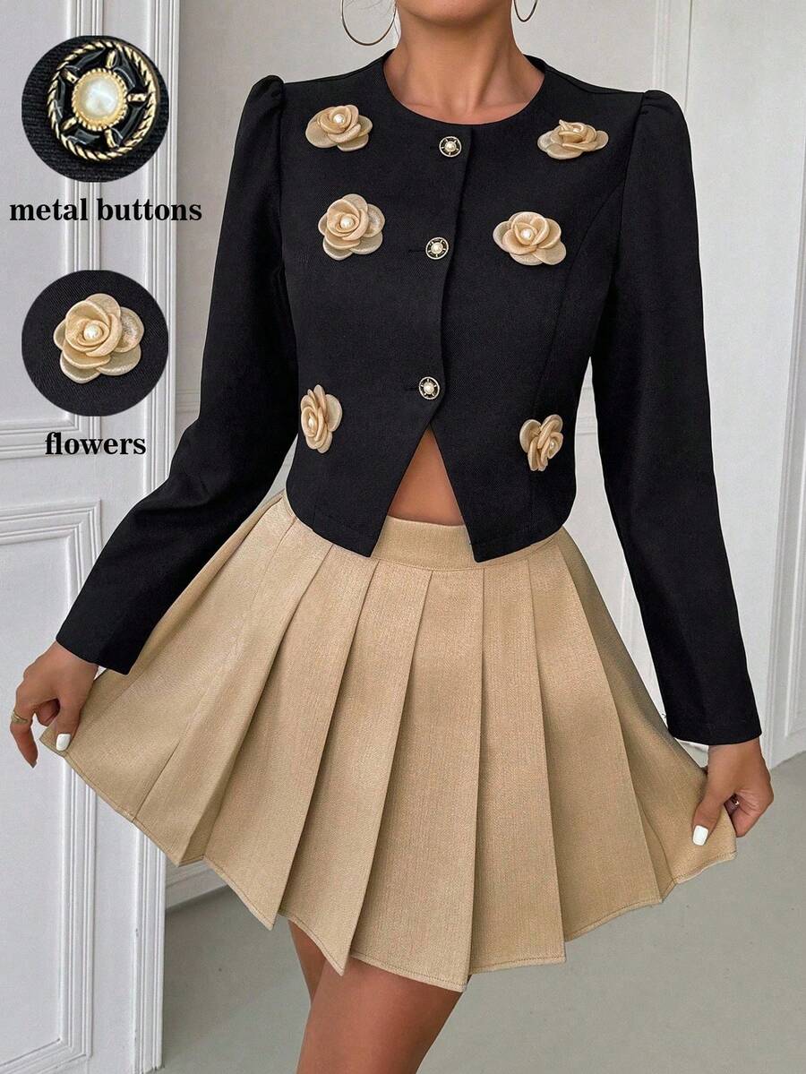 Chiquease 2pcs Flower Decor V-Neck Single Breasted Jacket And Pleated A-Line Skirt Set For Women Fall Cloth For Women - Khaki - View 1