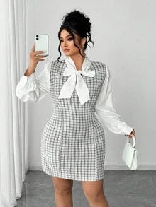 Elenzga Plus Size Color Block Patchwork Bow Decor Reversible Elegant Romantic Dress For Women, Autumn - Multicolor - View 5