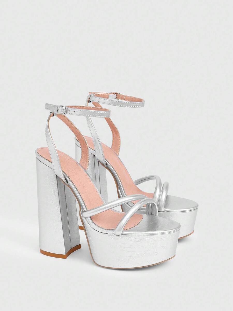 CUCCOO LuxiPop Giày sandal nữ đế cao, mũi tròn, chống thấm nước, chất liệu da PU màu bạc, kiểu dáng tối giản, thoải mái, thích hợp đi hàng ngày, dự tiệc, tiệc tùng, có khóa cài. - Bạc - Xem 1