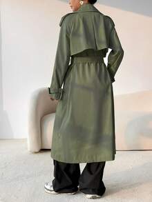 SHEIN x Carly Lawrence SHEIN EZwear 新款休闲女式双排扣系带风衣，灰绿色，秋季 - 綠色 - 查看 2