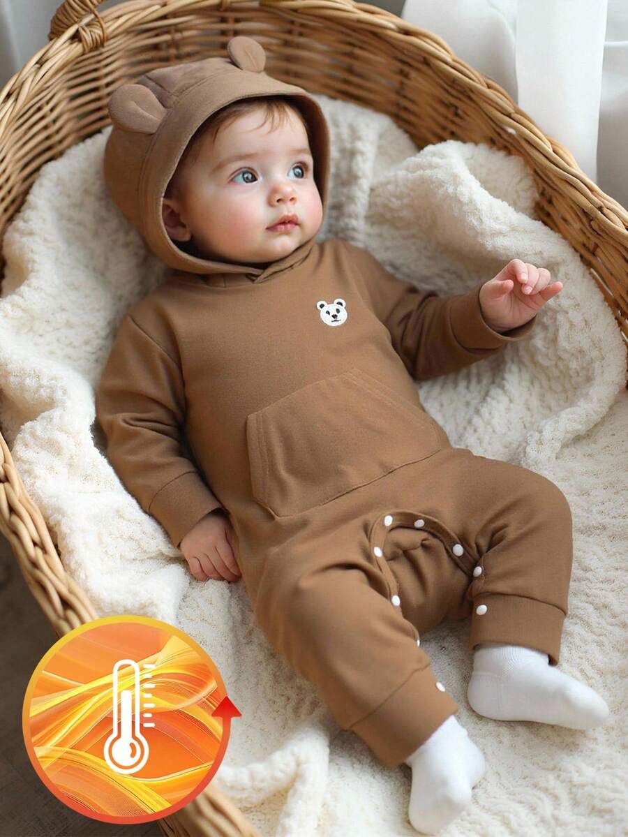 All Shades Of Brown Autumn Cute Modest Sibling Matching 3D Bear Embroidered Fleece Jumpsuit For Baby Boys,Mocha Neutral Infant Winter Clothes - Brown - View 1