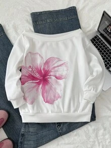 Áo nỉ lót nhiệt dáng rộng vai chéo cho bé gái mùa thu/đông, màu trắng trơn in hoa, trở lại trường - trắng - Xem 4