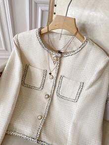 Modelyn 女士休闲通勤罗纹长袖夹克秋冬女装 - 米色 - 查看 3