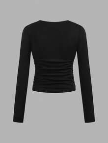SHEIN Girlism 3件套少女休闲校服字母印花褶皱侧边圆领长袖短款针织T恤上衣，返校季必备 - 西瓜粉 - 查看 9