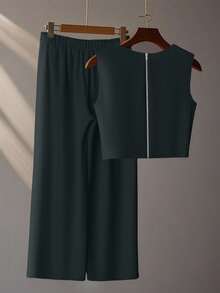 Franclia French High-Level Chic Three-Dimensional Beaded Sleeveless Tops Layered Wide-Leg Pants Trousers Summer Two Pieces Suits Ladies Summer Clothing Summer Two Pieces Suits Summer - Dark Grey - View 2