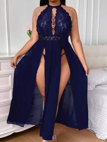 SHEIN Set Lingerie Seksi Tanpa Kawat Ukuran Plus 2 Potong dengan Renda dan Jala Kontras - Navy Blue - View 5